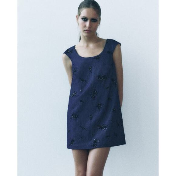 Zara Dark Wash Blue Denim Mini Dress Black Floral Sequins & Beading Size Large - Picture 1 of 9